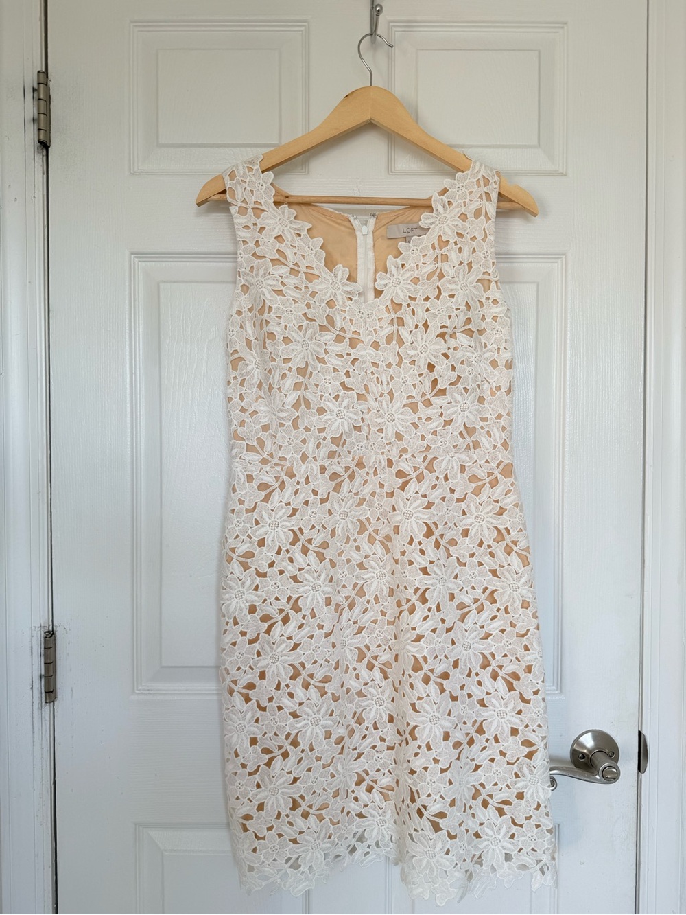 LOFT White Floral Lace Sheath Dress with Nude Lining